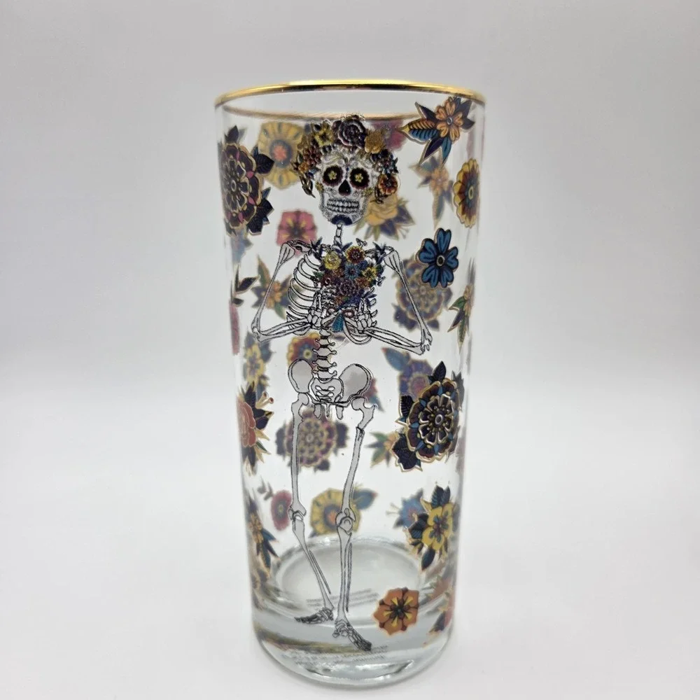 Set Of 4 Williams Sonoma Day Of The Dead Highball Glasses Halloween 16oz   NEW